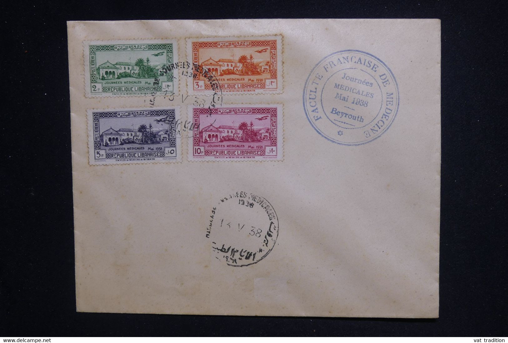 LIBAN - Oblitération Temporaire + Timbres Des Journées Médicales De Beyrouth En 1938 Sur Enveloppe - L 128089 - Storia Postale