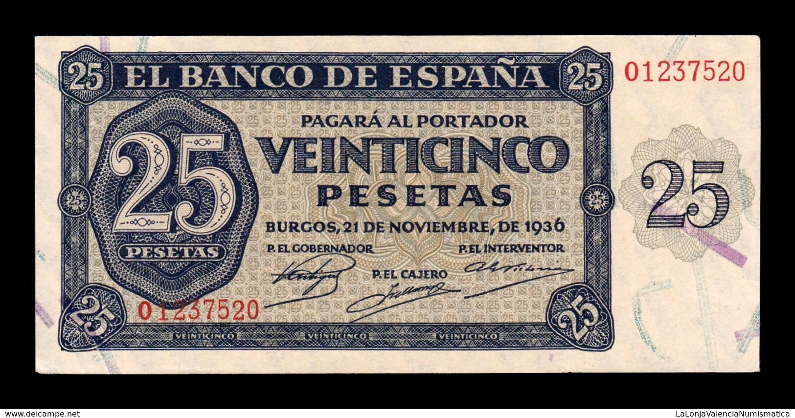 España Spain 25 Pesetas Burgos 1936 Pick 99 Serie O SC UNC - 25 Peseten