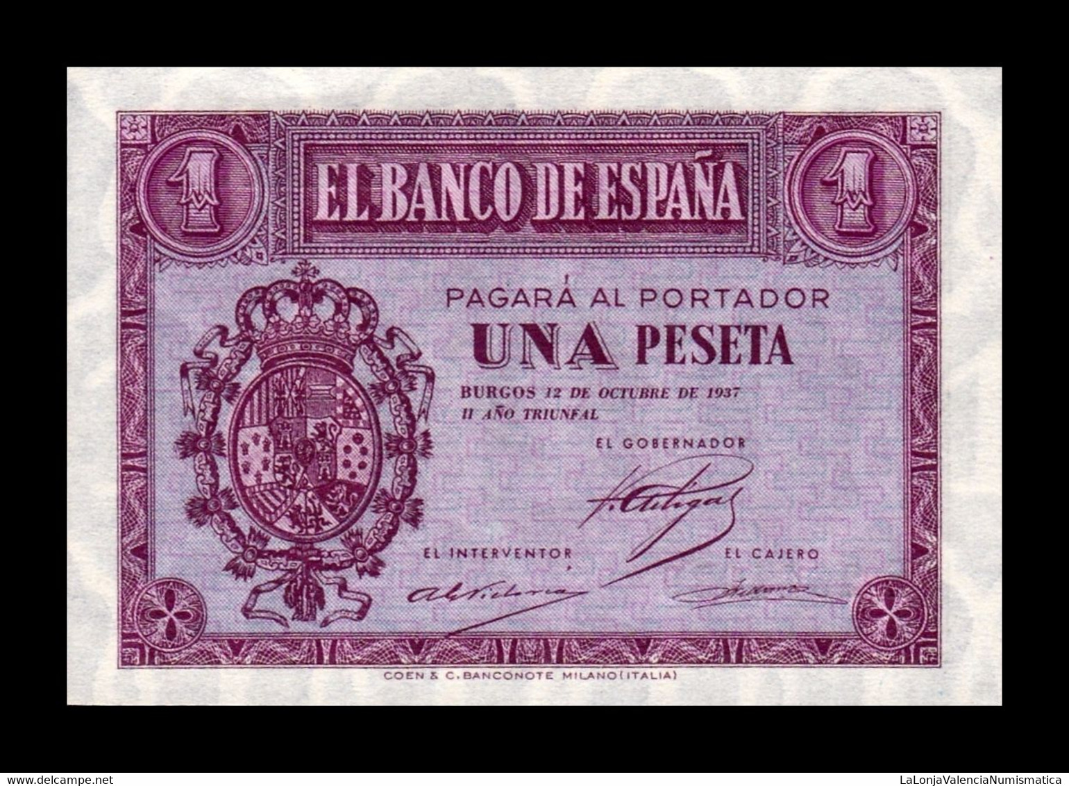 España Spain 1 Peseta Burgos 1937 Pick 104 Serie E SC UNC - 1-2 Pesetas