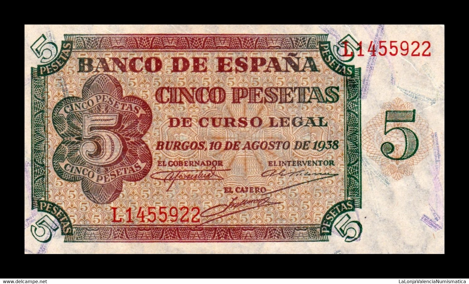 España Spain 5 Pesetas Burgos 1938 Pick 110 Serie L SC UNC - 5 Pesetas