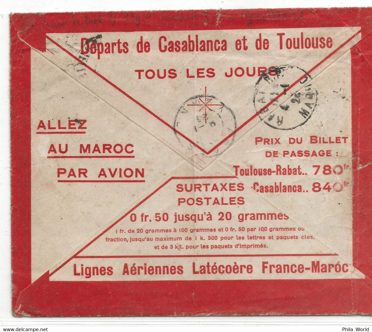 LATECOERE 1923 SUP Enveloppe Rouge Blanche Publicitaire FRANCE MAROC Par Avion FEZ Via Casablanca Toulouse + VAGUEMESTRE - 1927-1959 Briefe & Dokumente