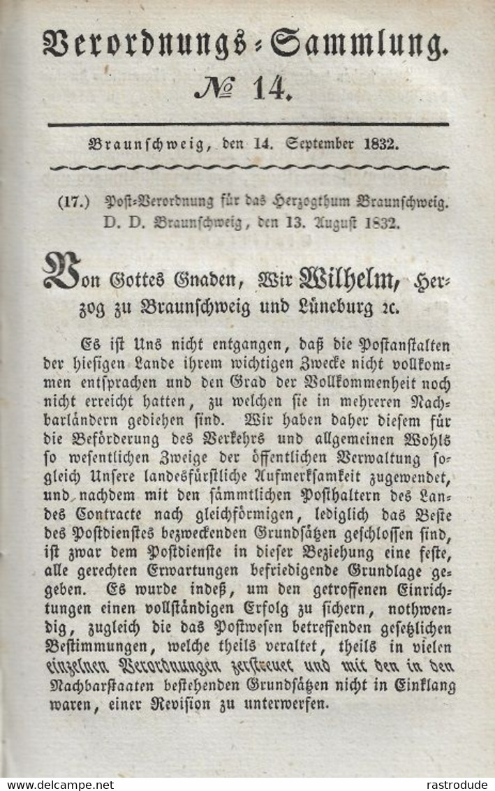 BRAUNSCHWEIG 1832 Verordnungs-Sammlung 1832 Mit U.a Der POSTVERORDNUNG Für Das Herzogtum Braunschweig.SEHR SELTEN - Braunschweig