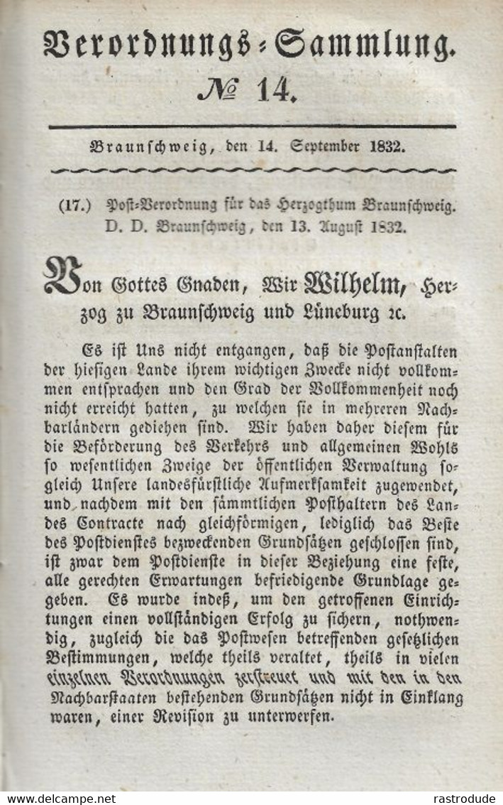 BRAUNSCHWEIG 1832 Verordnungs-Sammlung 1832 Mit U.a Der POSTVERORDNUNG Für Das Herzogtum Braunschweig.SEHR SELTEN - Brunswick