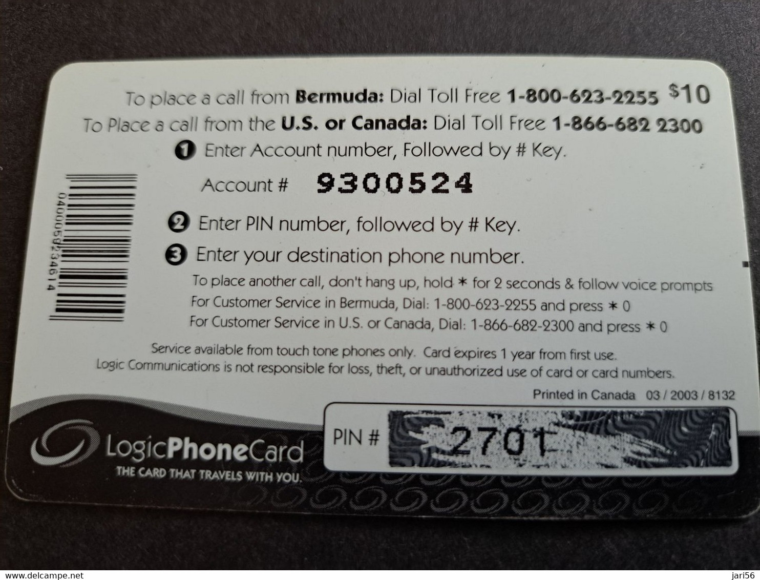 BERMUDA  $10,-  BERMUDA    LOGIC PHONECARD/ BEACH  DATE 3 /2003       PREPAID CARD  Fine USED  **10515** - Bermudes