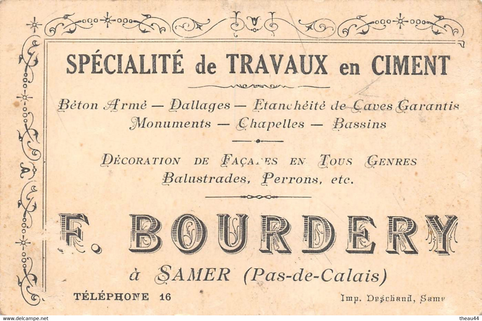 ¤¤  -  SAMER   -   Carte De Visite De La Maison " F. BOUDERY " - Spécialité De Travaux De Ciment  - Voir Description - Samer