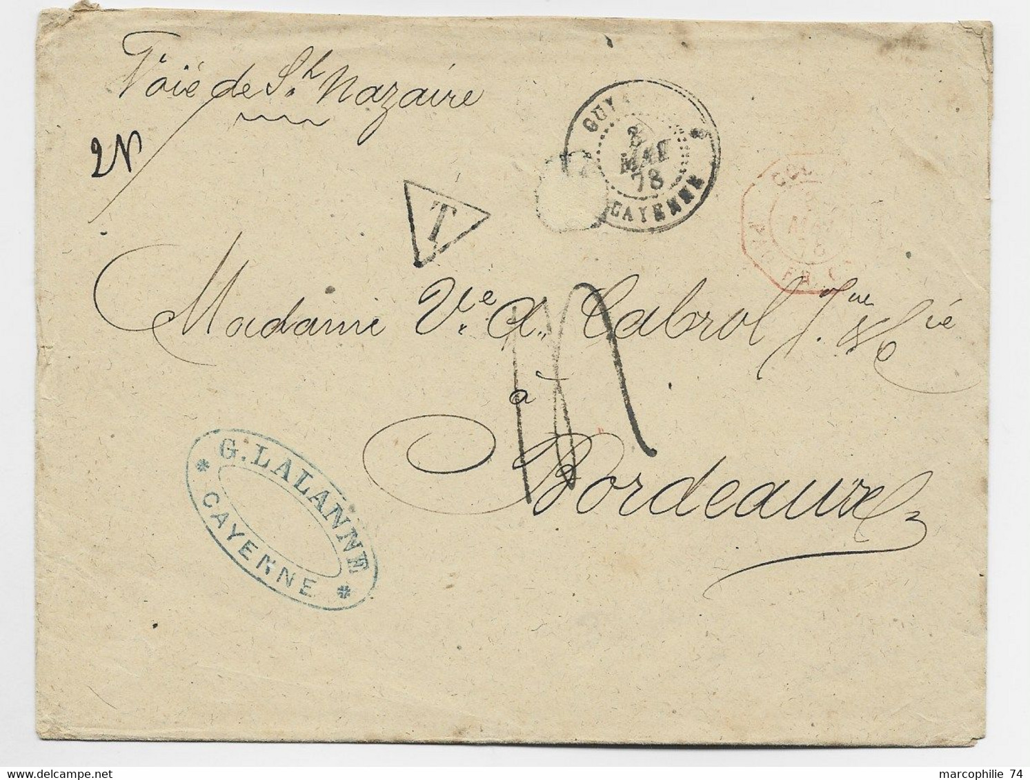 GUYANE CAYENNE 2 MAI 1878  LETTRE COVER TO BORDEAUX  + TAXE TAMPON 14 + VERSO MARITIME - Brieven En Documenten