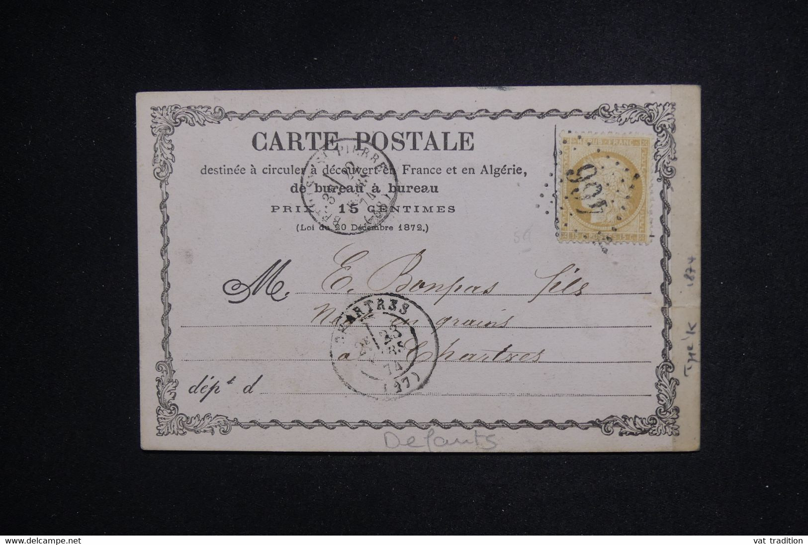 FRANCE - Carte Précurseur De Béthisy St Pierre Pour Chartres En 1874 Avec Cérès 15ct, GC 466 - L 128124 - Vorläufer