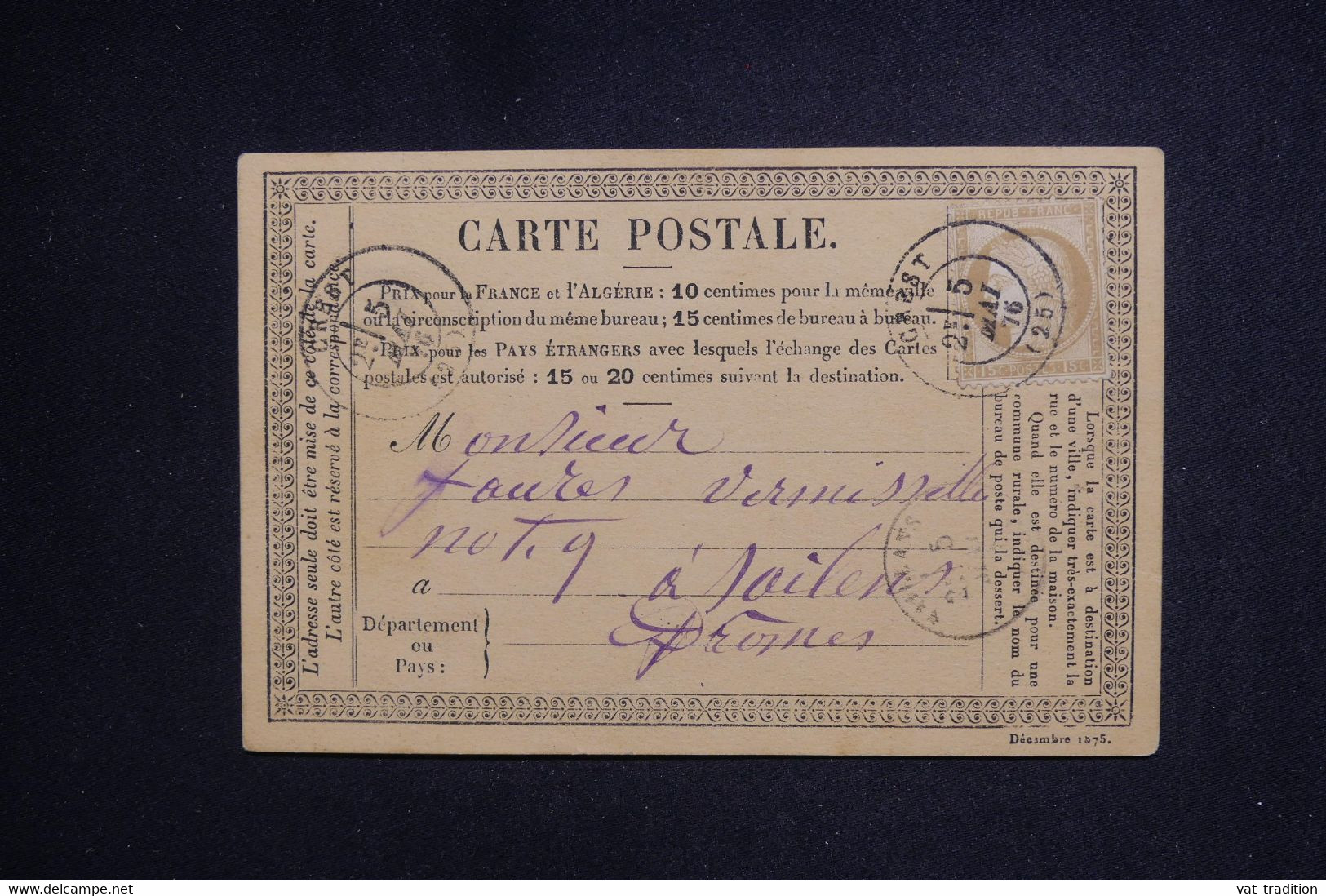 FRANCE - Carte Précurseur De Crest  En 1876 Avec Cérès 15ct- L 128125 - Vorläufer