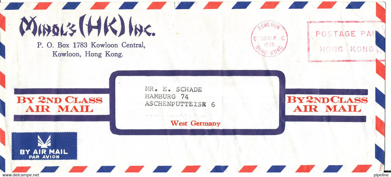 Hong Kong Air Mail Cover With Meter Cancel Kowloon 30-9-1975 Sent To Germany (the Cover Is Bended) - Covers & Documents