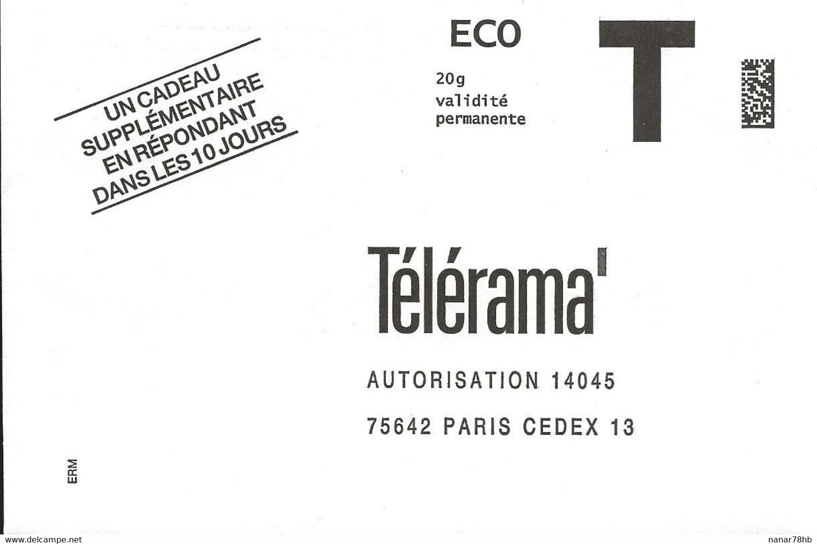 Enveloppe T , Télérama, Eco 20gr - Cartes/Enveloppes Réponse T