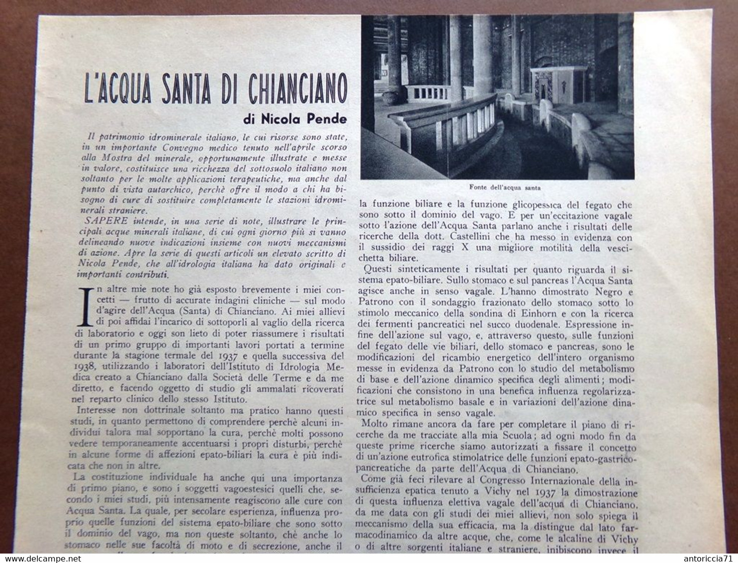 Articolo Del 1939 L'acqua Santa Di Chianciano Velocità Della Luce - Other & Unclassified