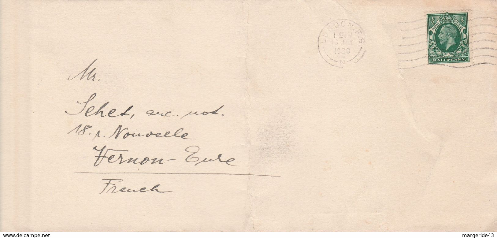 GB SEUL SUR LETTRE POUR LA FRANCE 1936 - Briefe U. Dokumente