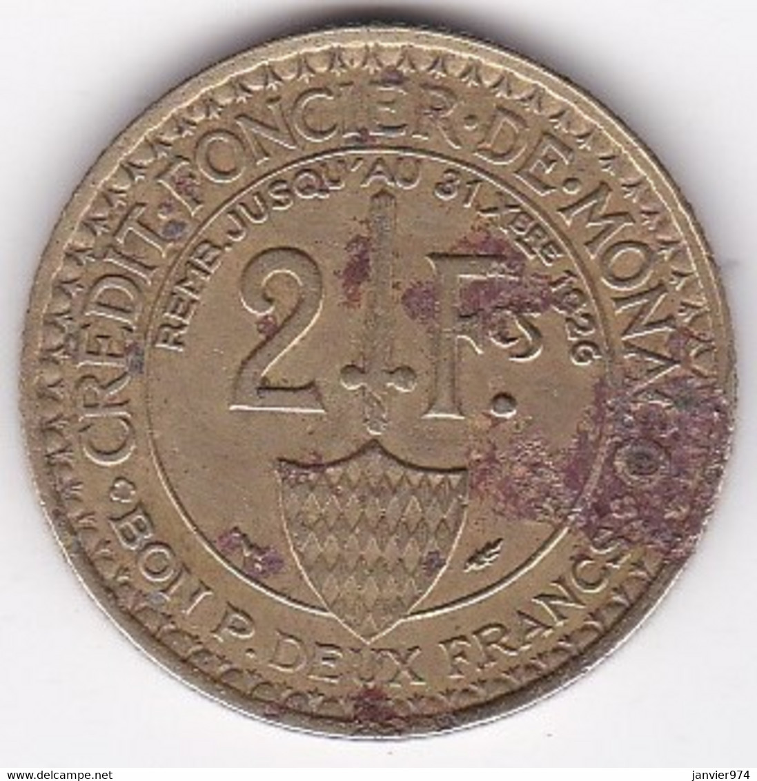 Monaco. Bon Pour 2 Francs 1924 POISSY. LOUIS II. Bronze-aluminium - 1922-1949 Louis II.