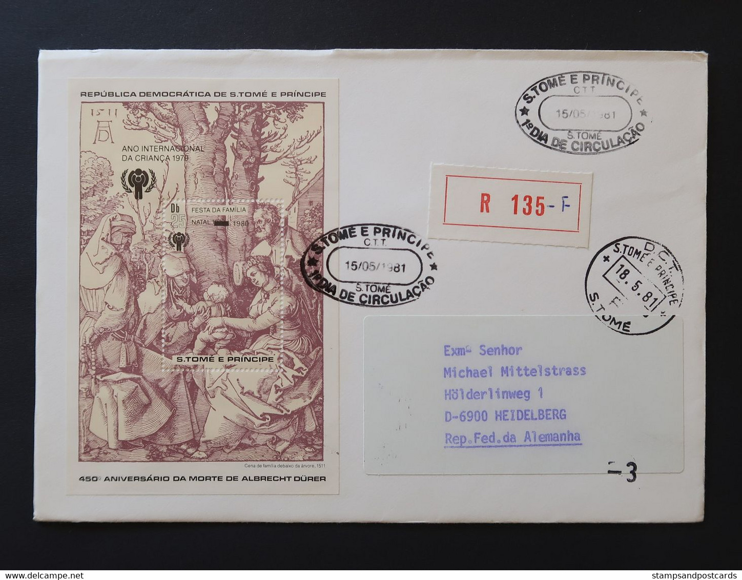 Sao Tome Et Principe FDC Recommandé Albrecht Dürer Surcharge Nöel 1980 Overprint Christmas R FDC St Thomas & Prince - Gravures