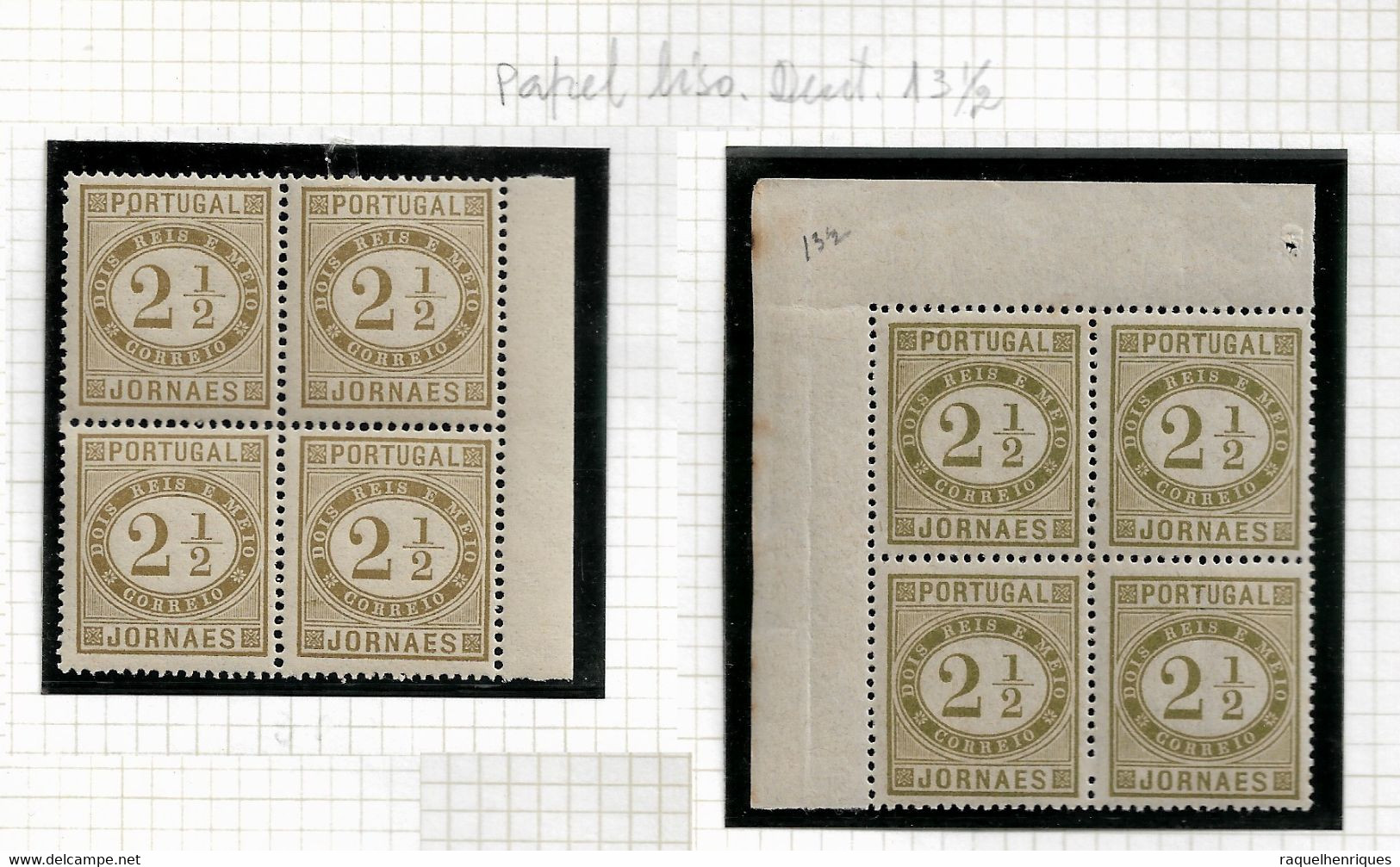 PORTUGAL STAMP - 1876 JORNAES - 2½ R Md#48 P.LISO Perf:13½ 2 BLOCKS DIF. TONE MNH (LPT1#113) - Neufs