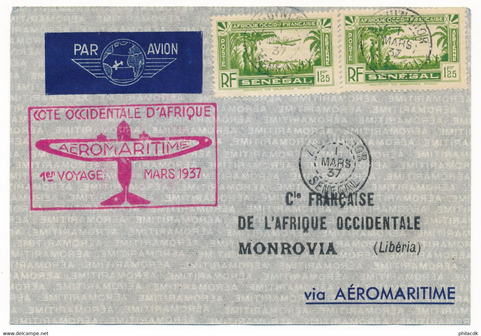SENEGAL - POSTE AERIENNE N° 4X2 SUR ENVELOPPE COTE OCCIDENTALE D AFRIQUE 1ER VOYAGE AEROMARITIME 1 MARS 1937 - Poste Aérienne