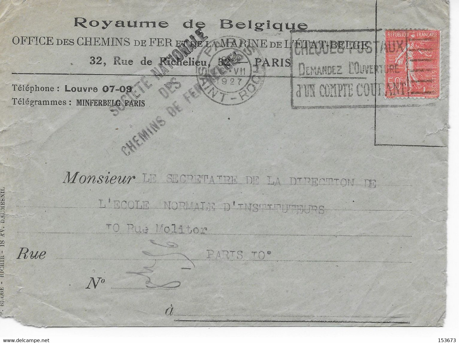 Enveloppe En-tête "Royaume Belgique Office Chemins De Fer Et Marine De L'Etat Belge à Paris" De 1927 - Railway