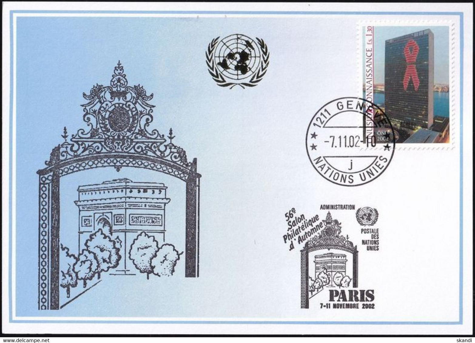 UNO GENF 2002 Mi-Nr. 336 Blaue Karte - Blue Card  Mit Erinnerungsstempel PARIS - Briefe U. Dokumente