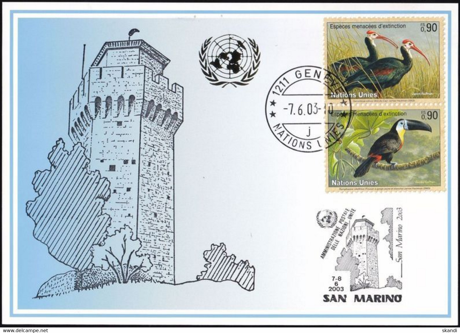 UNO GENF 2003 Mi-Nr. 341 Blaue Karte - Blue Card  Mit Erinnerungsstempel SAN MARINO - Brieven En Documenten