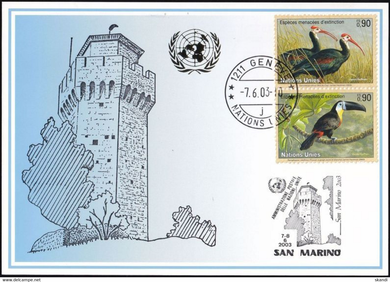 UNO GENF 2003 Mi-Nr. 341 Blaue Karte - Blue Card  Mit Erinnerungsstempel SAN MARINO - Lettres & Documents