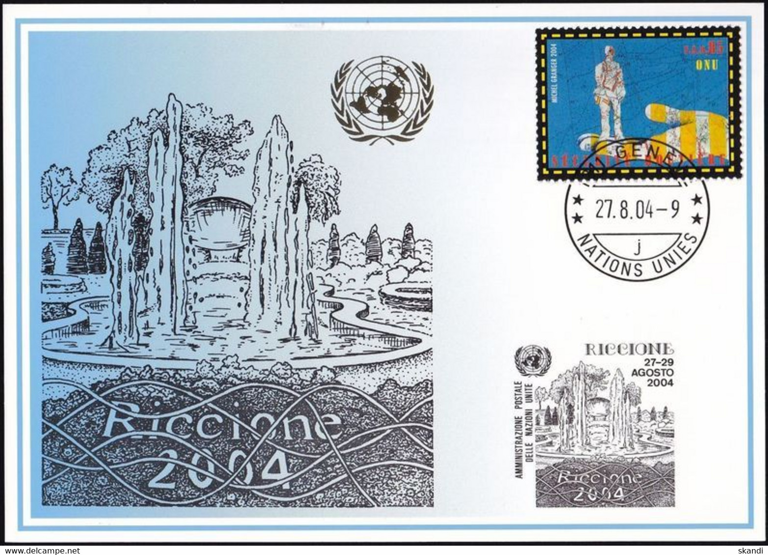 UNO GENF 2004 Mi-Nr. 347 Blaue Karte - Blue Card  Mit Erinnerungsstempel RICCIONE - Cartas & Documentos