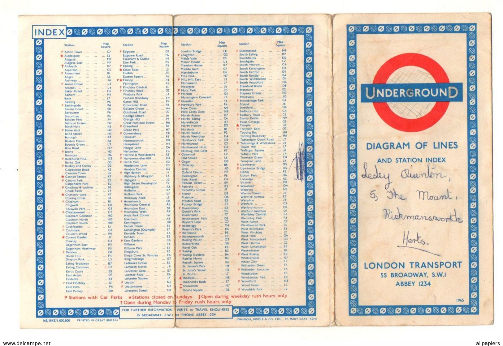 Plan Underground Diagram Of Lines And Station Index London Transport 1965 - Format : 15x7.5 Cm Soit 6 Faces - Europe