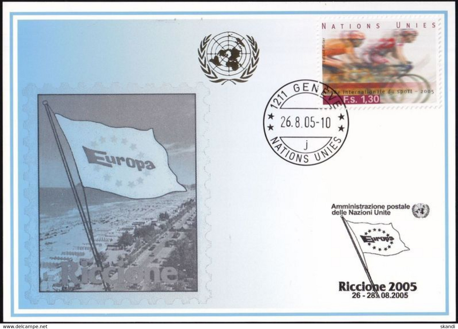 UNO GENF 2005 Mi-Nr. 353 Blaue Karte - Blue Card  Mit Erinnerungsstempel RICCIONE - Storia Postale