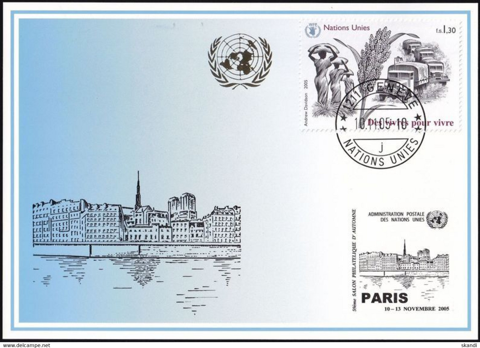 UNO GENF 2005 Mi-Nr. 355 Blaue Karte - Blue Card  Mit Erinnerungsstempel PARIS - Lettres & Documents