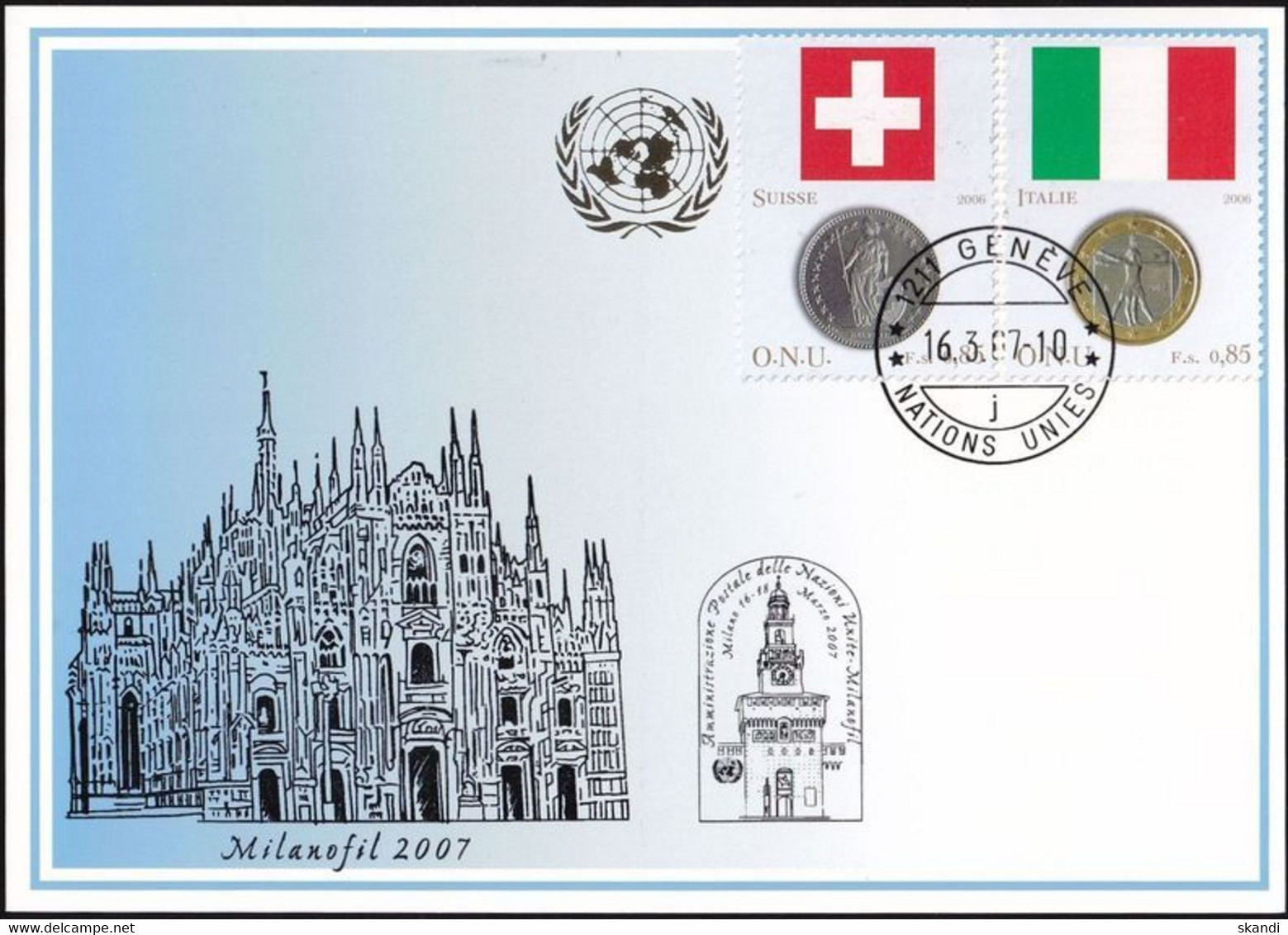 UNO GENF 2007 Mi-Nr. Blaue Karte - Blue Card  Mit Erinnerungsstempel MAILAND - Briefe U. Dokumente