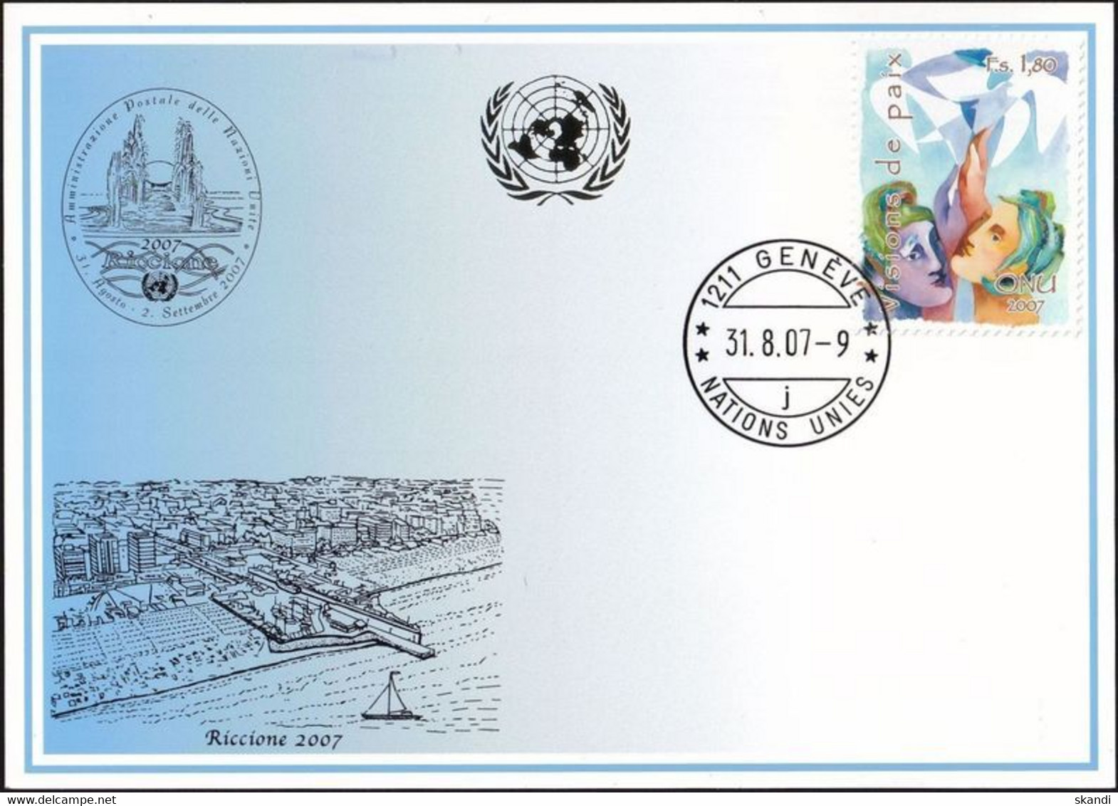 UNO GENF 2007 Mi-Nr. Blaue Karte - Blue Card  Mit Erinnerungsstempel RICCIONE - Briefe U. Dokumente