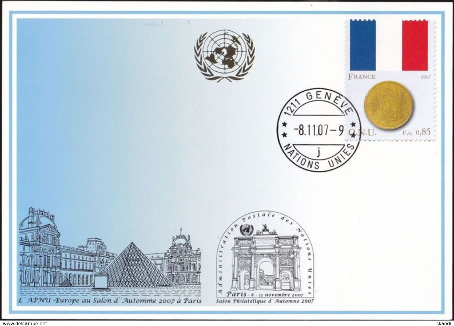 UNO GENF 2007 Mi-Nr. Blaue Karte - Blue Card  Mit Erinnerungsstempel PARIS - Storia Postale