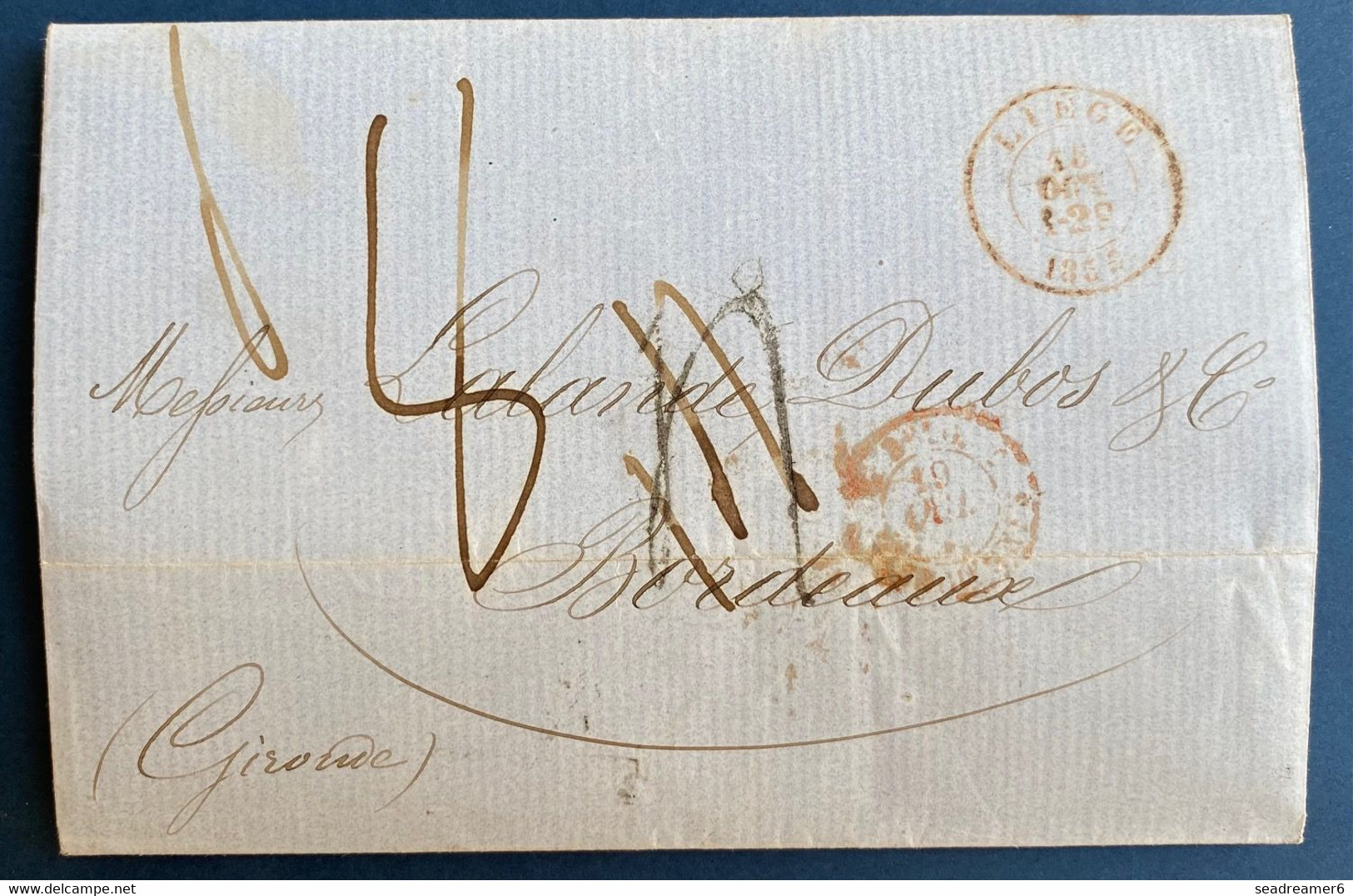 Lettre Non Timbrée 1855 Dateur Liège Rouge + Entrée : " Belg /5 / Valenciennes "  + Taxe 4 Barrée Puis Rectifiée 8 TTB - Sonstige & Ohne Zuordnung