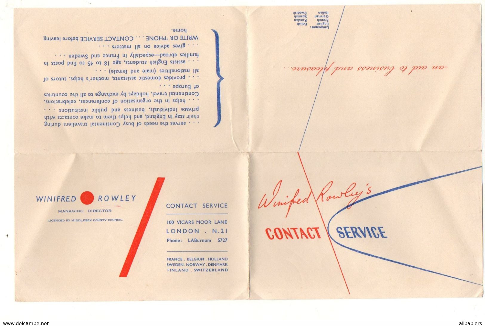 Contact Service Winifred Rowley London - Format : 27x17 Cm Plié En 4 - Royaume-Uni