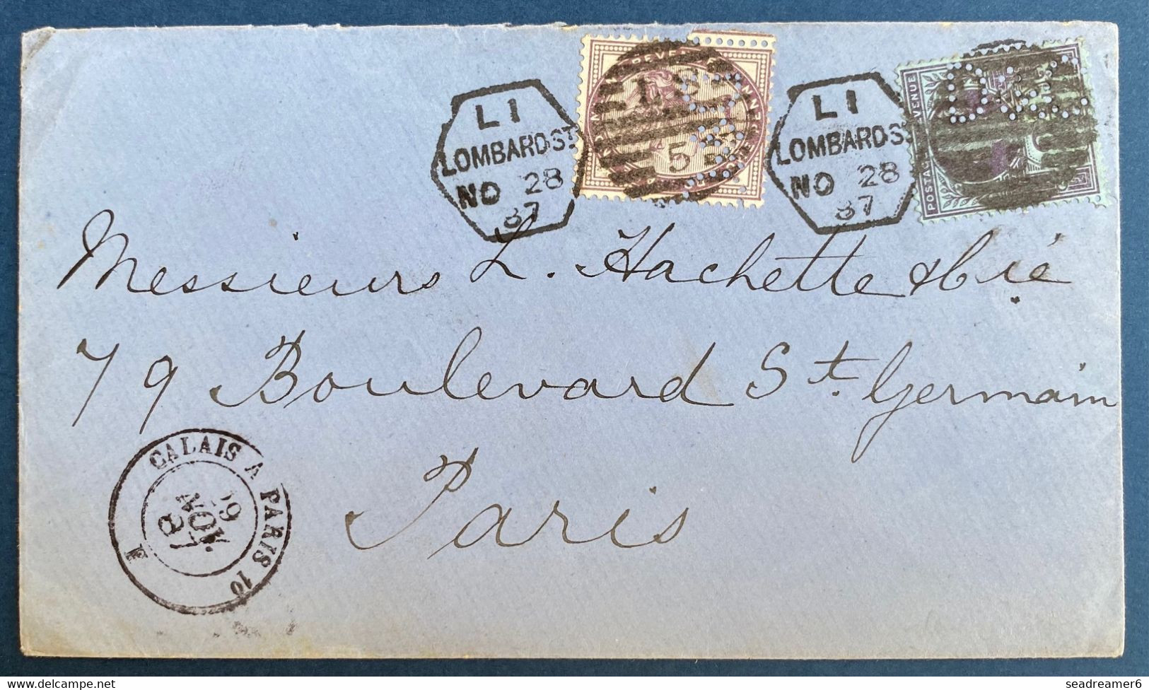 Grande Bretagne Lettre Levée Exceptionnelle 1887 London N°73+95 Obl Killer LS/5, L1 + Perforé D&C + Ligne Calais A Paris - Storia Postale