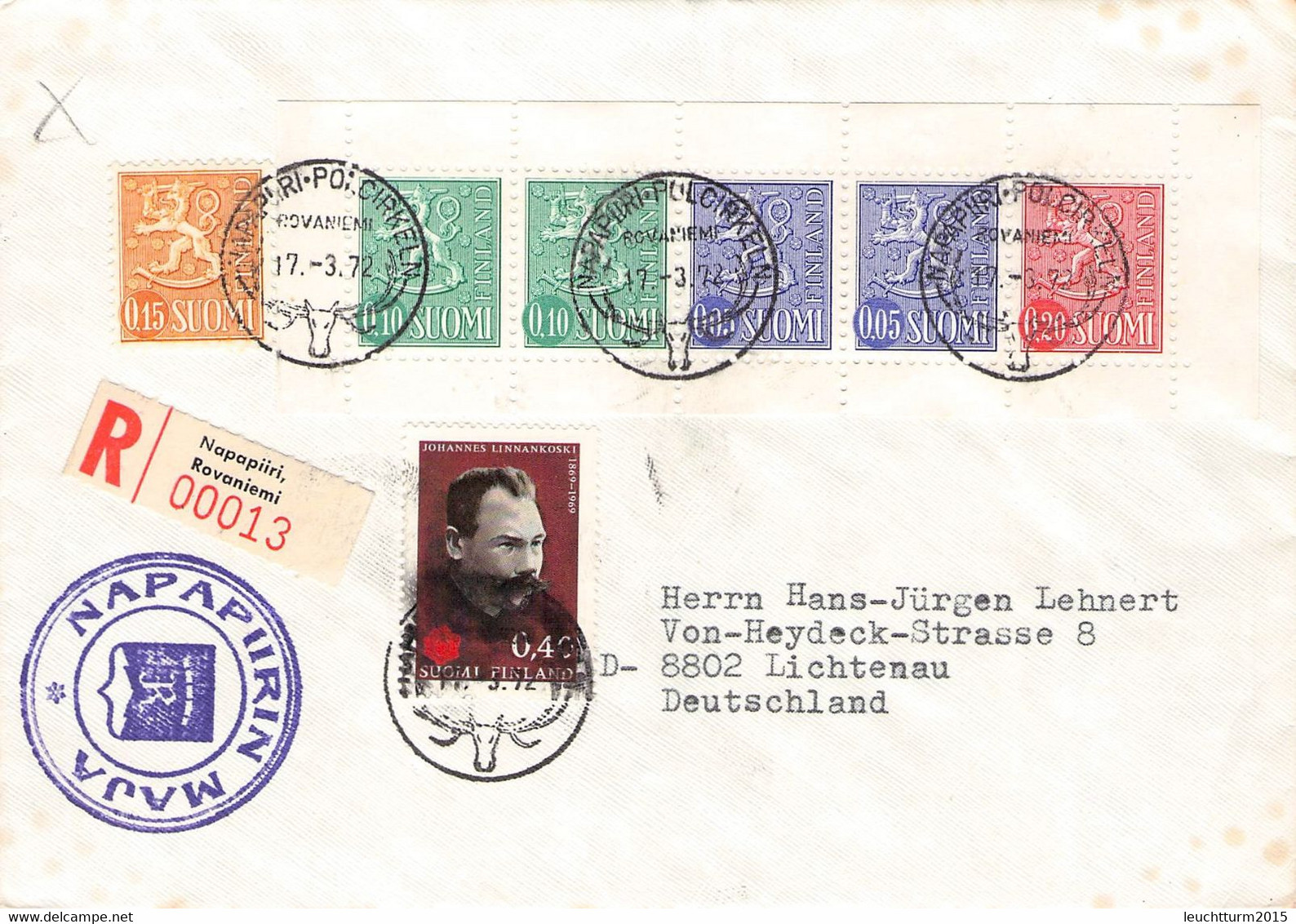 FINLAND - REGISTERED MAIL 1972 NAPAPIIRI / ZL306 - Lettres & Documents