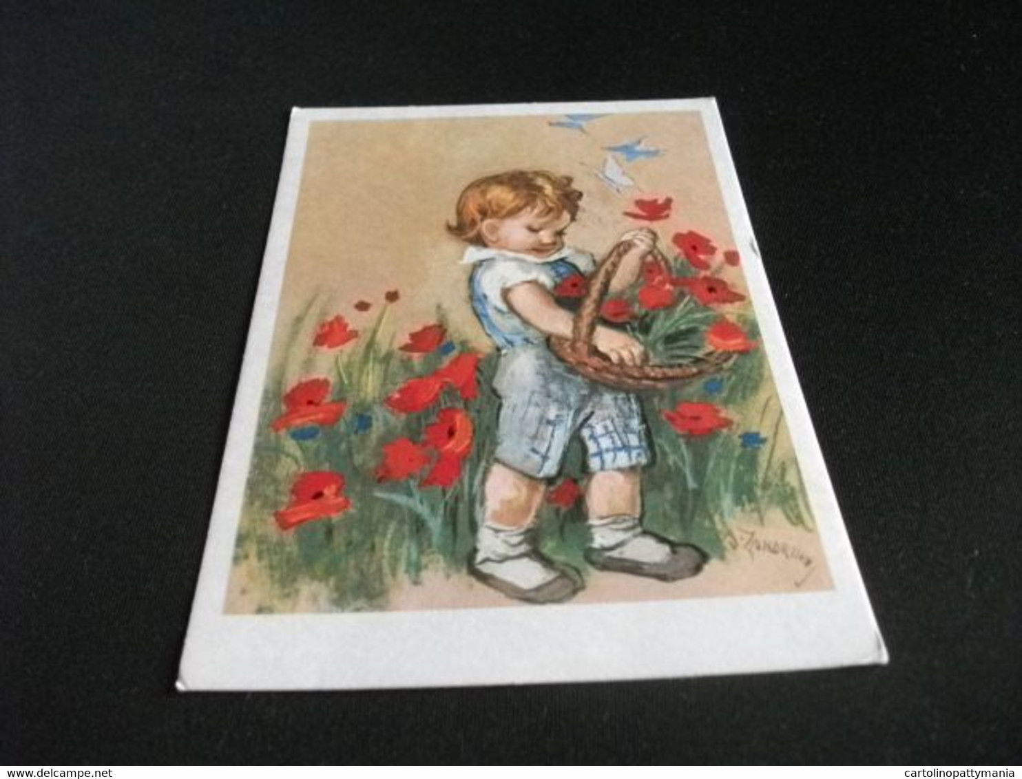 ILLUSTRATORE  VEDI FIRMA A. ZANDRINO BAMBINA CON CESTA DI FIORI FARFALLE - Zandrino