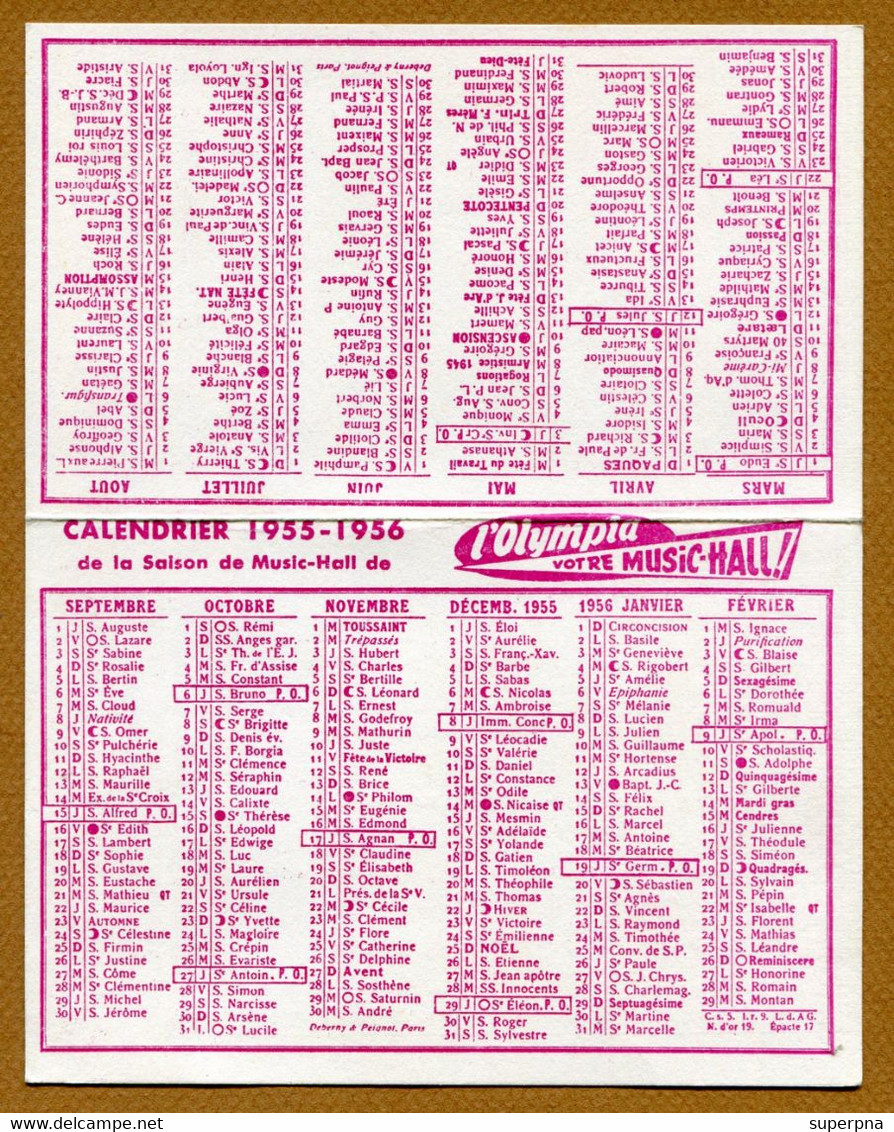 " L'OLYMPIA - PARIS " : CALENDRIER 1955-1956 - Small : 1941-60