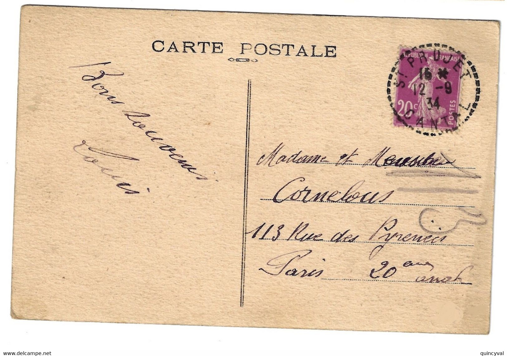 St PRUJET Cantal Carte Postale 20c Semeuse Yv 190 Ob 12 9 1934 Pointillé FB04 Lautier B4 - Handstempels