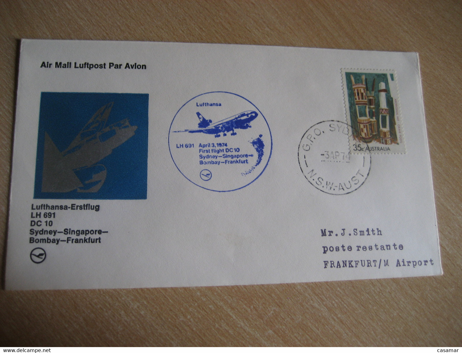 SYDNEY Singapore Bombay Frankfurt 1974 Lufthansa Airline DC10 First Flight Cancel Cover AUSTRALIA India Germany - First Flight Covers