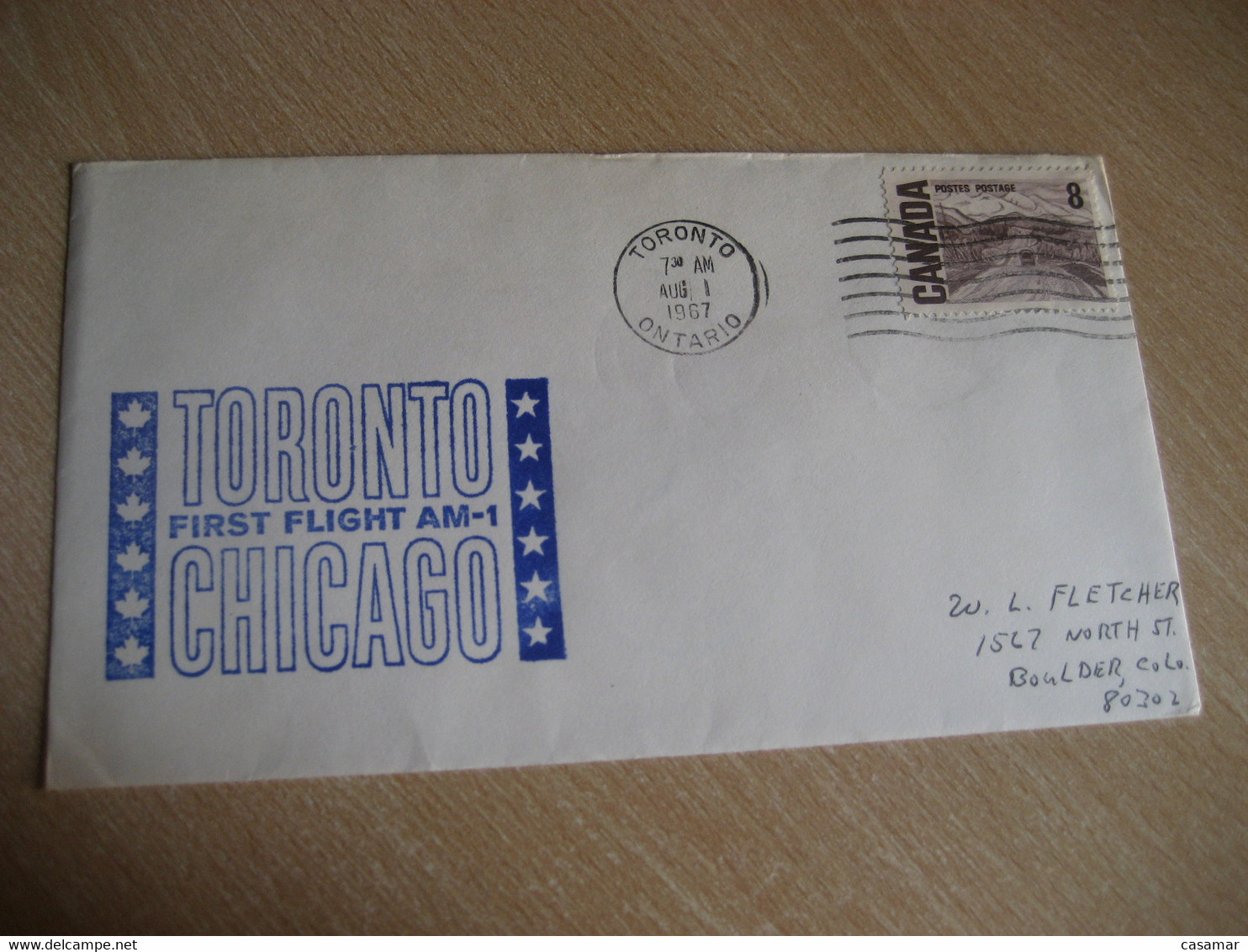 TORONTO Chicago 1967 To Boulder First Flight AM-1 Cancel Cover CANADA USA - First Flight Covers