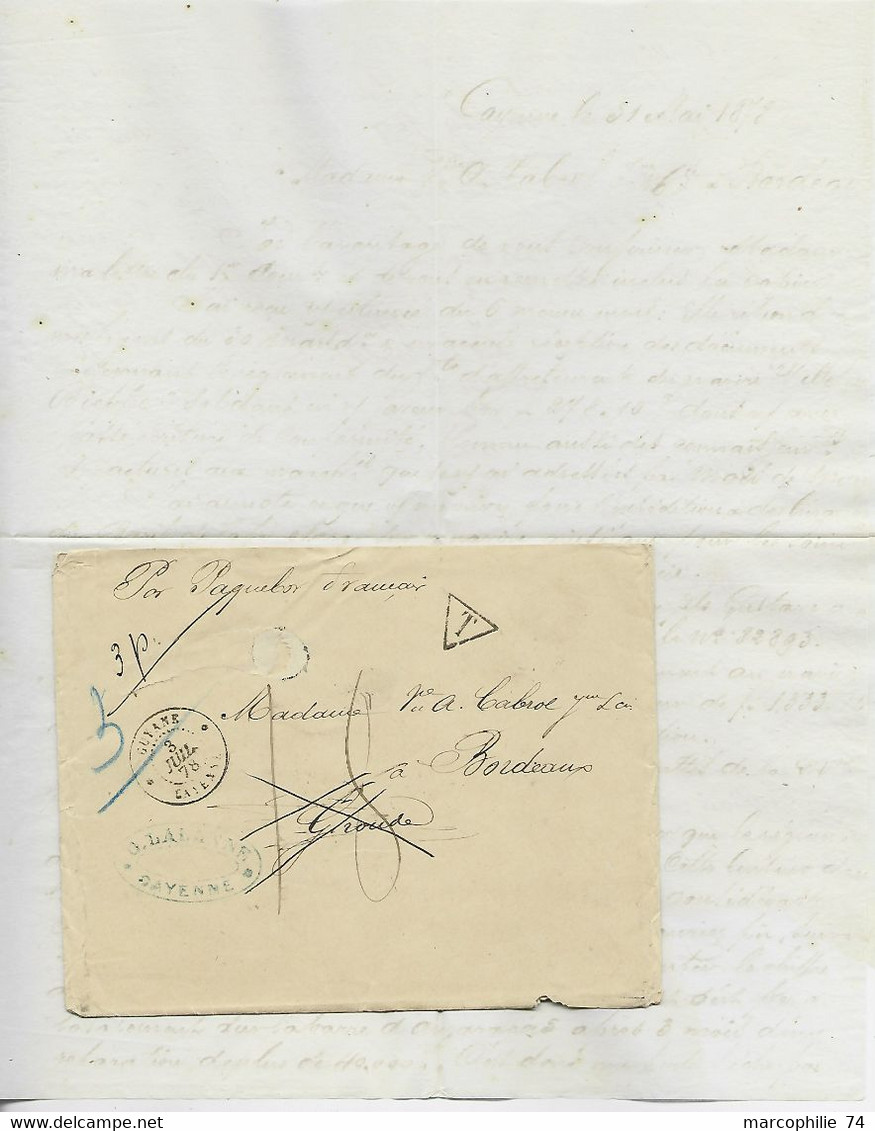 GUYANE CAYENNE 3 JUIL 1878  LETTRE COVER TO BORDEAUX  + T 18 MANUSCRITE + MENTION PAQUEBOT FRANCAIS - Brieven En Documenten