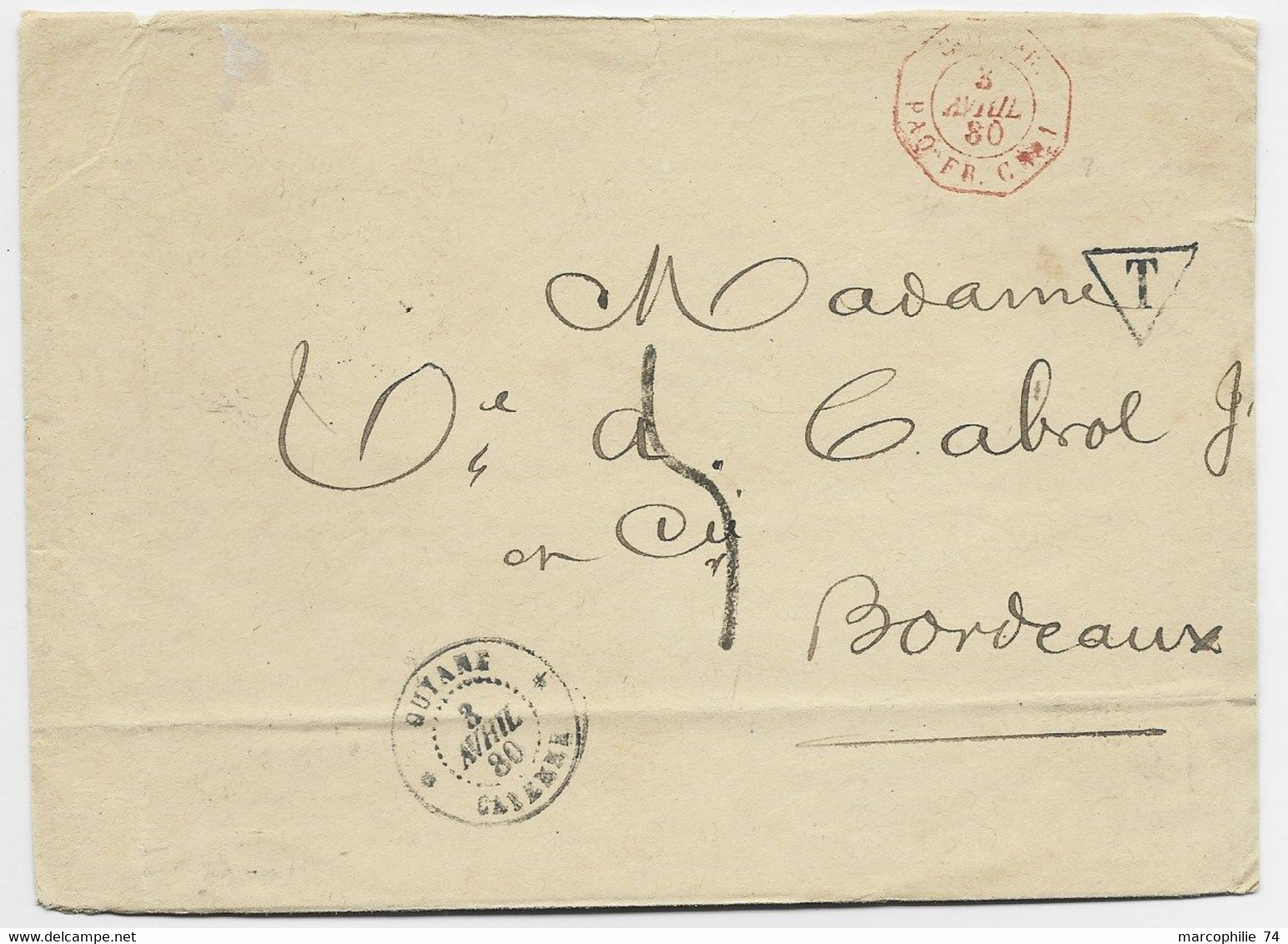 GUYANE CAYENNE 3 AVRIL 1880 LETTRE COVER TO BORDEAUX  + TAXE 5 TAMPON + COL PAQ FR - Brieven En Documenten