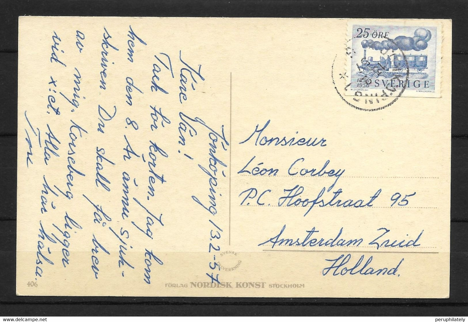 Vastergotland Sweden Postcard With Train Stamp Sent To Netherlands - Lettres & Documents