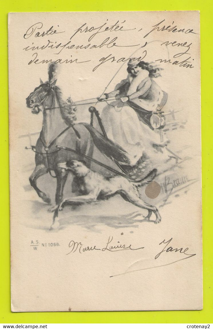 Carte Fantaisie Femme Sur Un Traineau Beau Cheval Et Chien Illustrateur BRAUN VOIR DOS Non Séparé En 1904 - Braun, W.