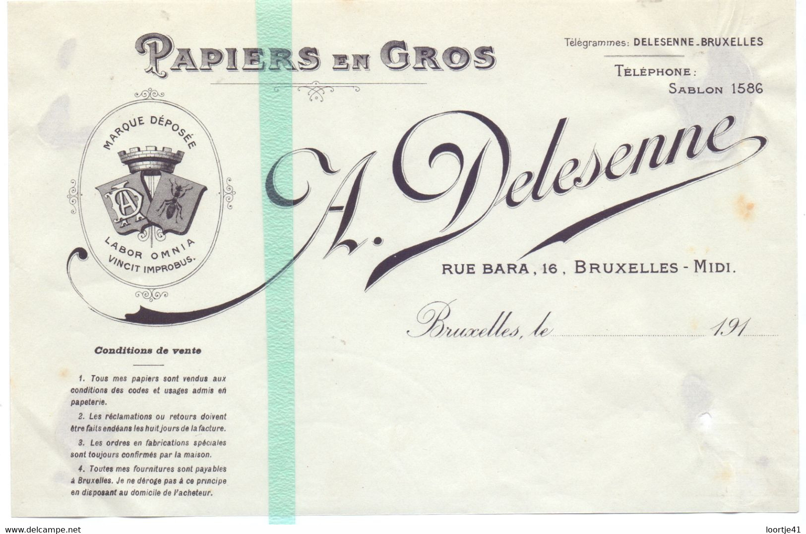 Briefhoofd, En-tete De Lettre - Factuur - Papier En Gros - A. Delesenne Bruxelles - Drukkerij & Papieren