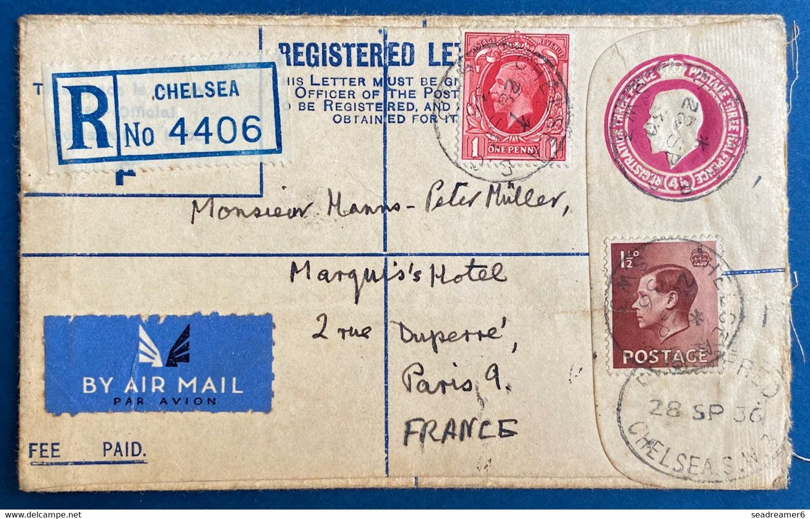 Grande Bretagne Entier Lettre Recommandée (registred Letter) De Sept 1936 De Chelsea Pour Paris TTB - Storia Postale