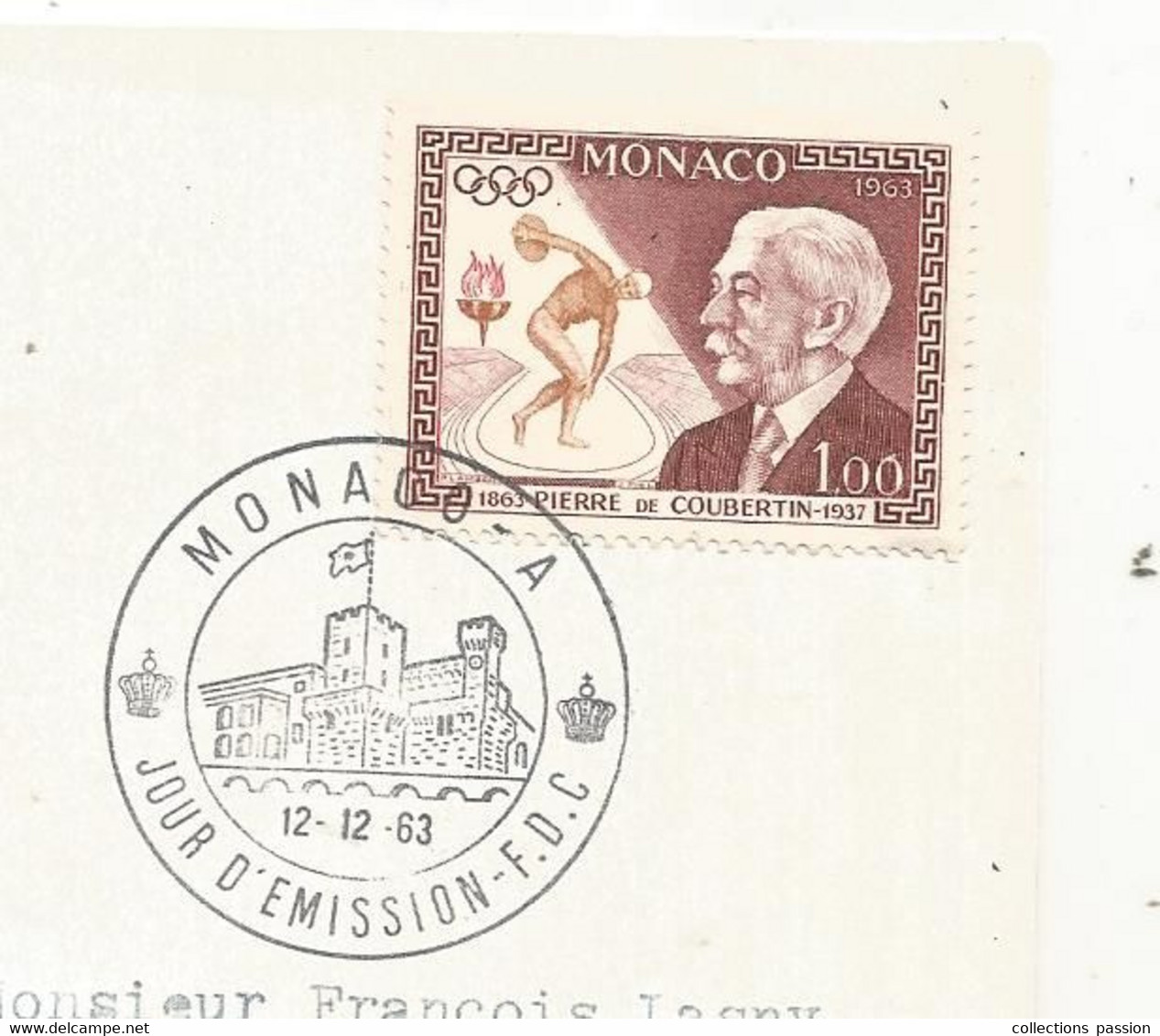 FDC , Premier Jour, Day Of Issue , MONACO, R MONTE CARLO, Recommandée, 12-12-1963, LE BARON PIERRE DE COUBERTIN - FDC