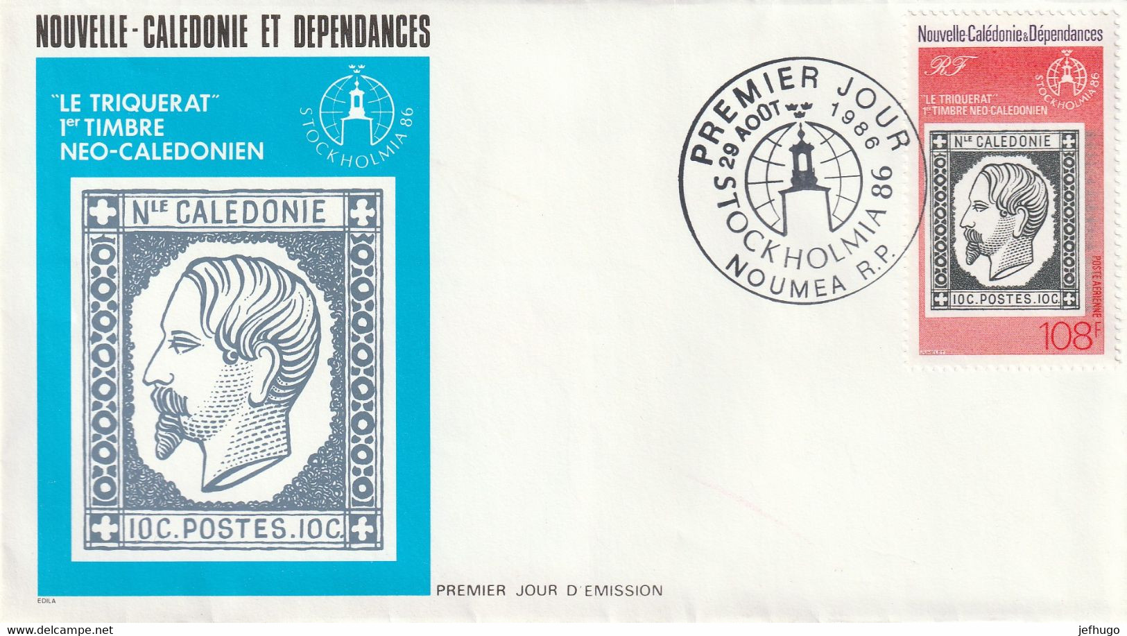 NOUVELLE CALEDONIE ET DEPENDANCES ENVELOPPE 1er JOUR DU 29 AOUT 1986 . LE TRIQUERAT 1er TIMBRE NEO CALEDONIEN . NOUMEA. - FDC