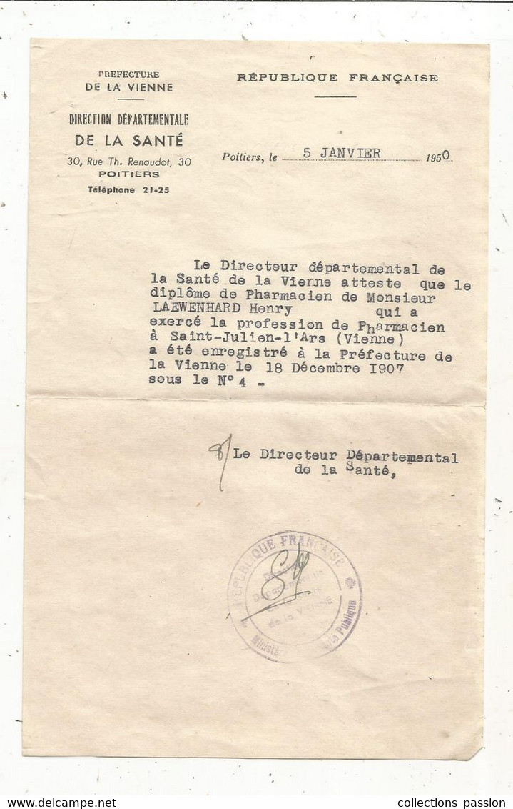 Courrier , Préfecture De La VIENNE, Direction Départementale De La Santée , Poitiers , 1950, 3 Scans, Frais Fr 1.75 E - Ohne Zuordnung