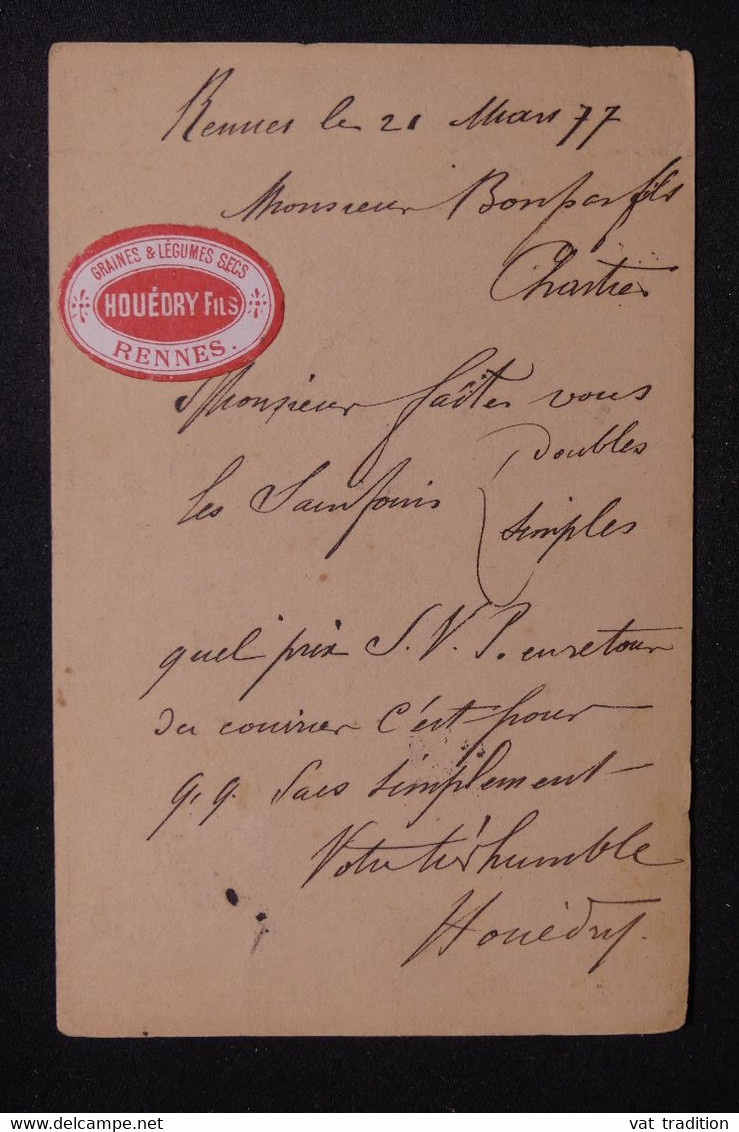 FRANCE - Carte Précurseur De Rennes Pour Chartres En 1877 Avec Vignette Commerciale Au Verso - L 128269 - Vorläufer